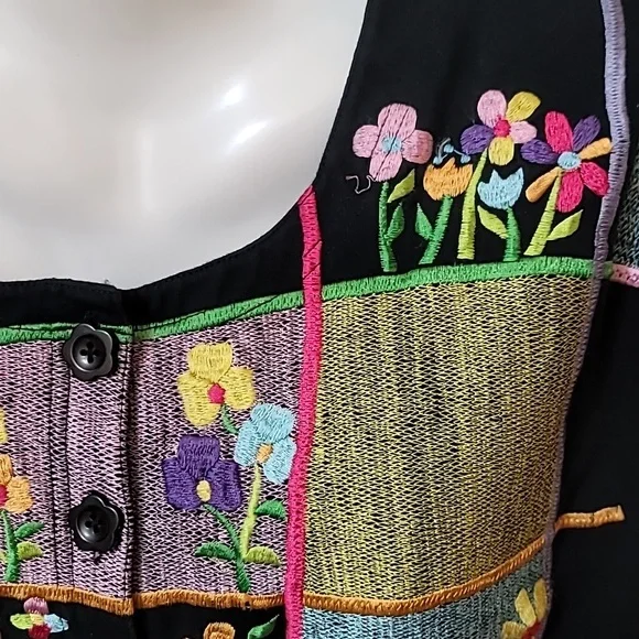 Michael Simon maxi dress XL embroidered floral black cotton pocket unique - Picture 3 of 6